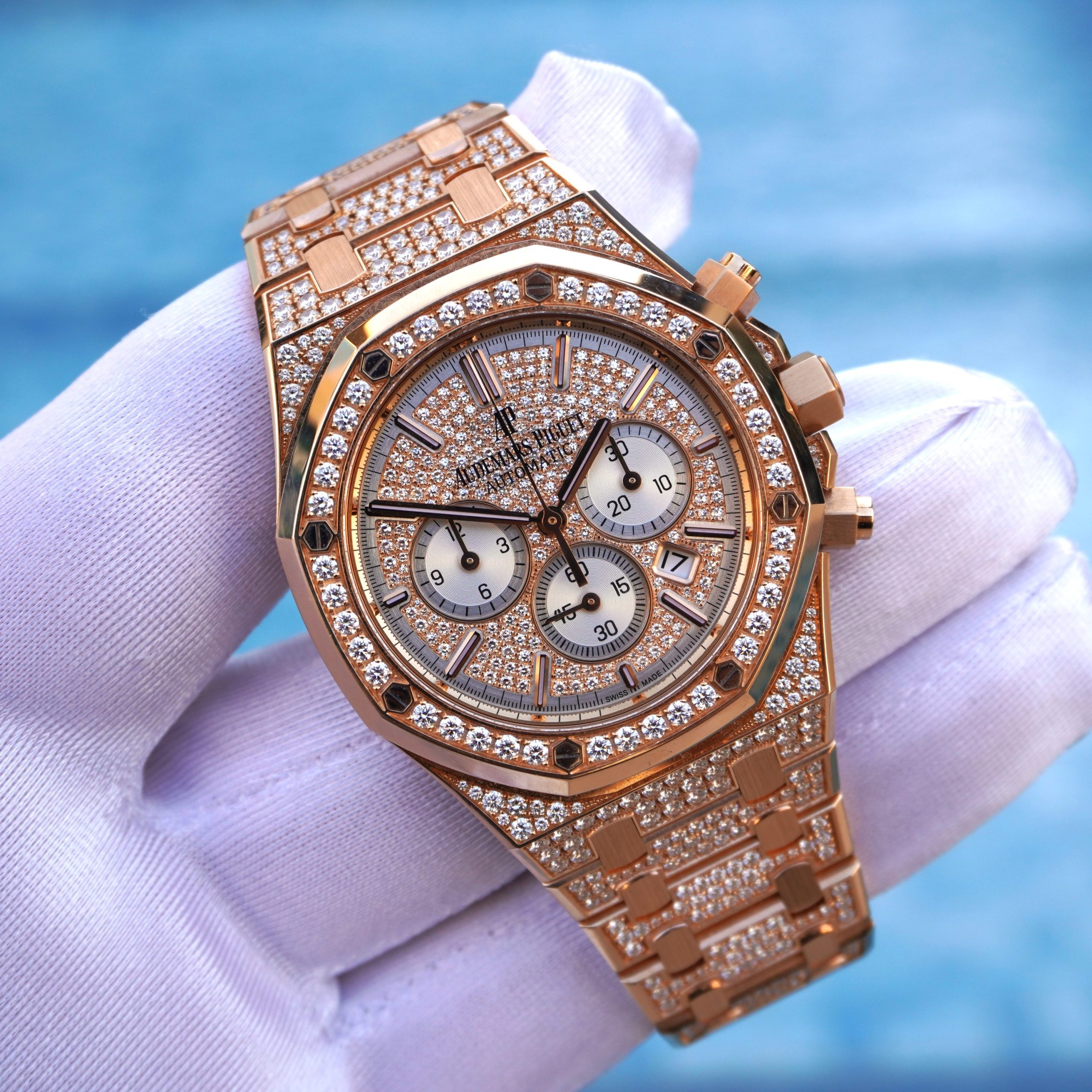 Pre-owned Audemars Piguet Royal Oak Chronograph Rose Gold 41mm Diamond Paved Dial 26322OR.ZZ.1222OR.01