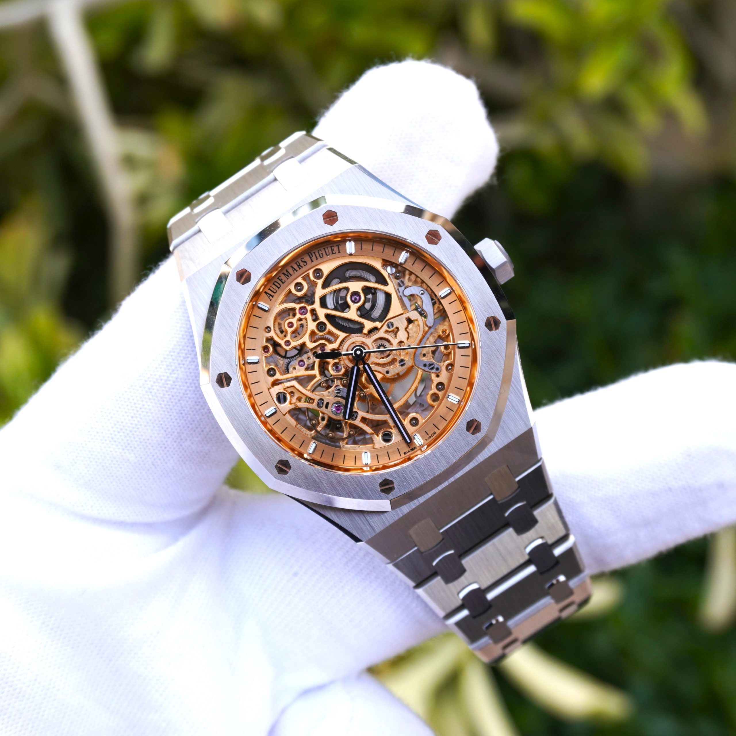 Pre-owned Audemars Piguet Royal Oak Openworked 41mm Pink Gold Toned Dial 15407ST.OO.1220ST.02