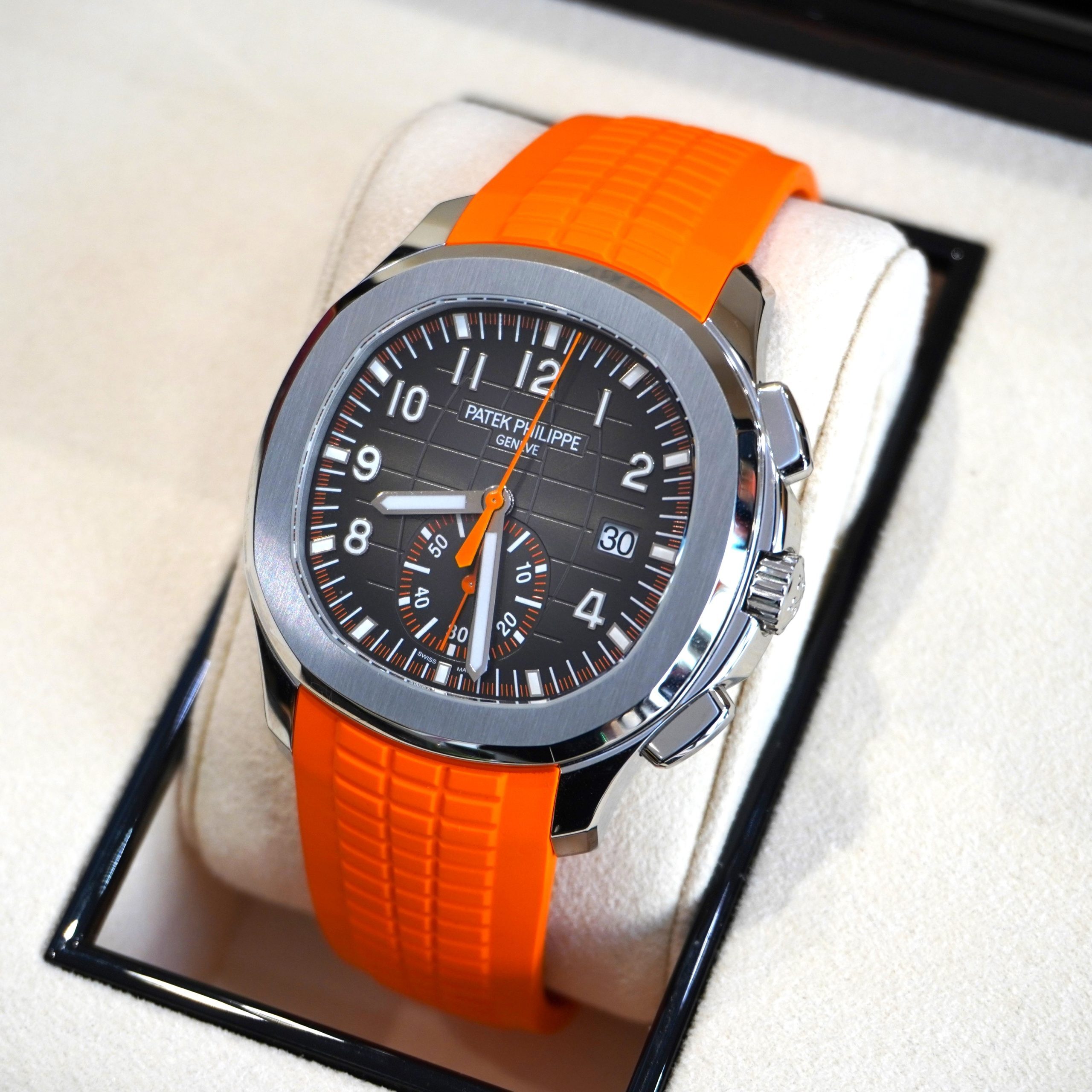 Pre-owned Patek Philippe Aquanaut Chronograph Steel Black Orange Strap 42.2mm 5968A-001