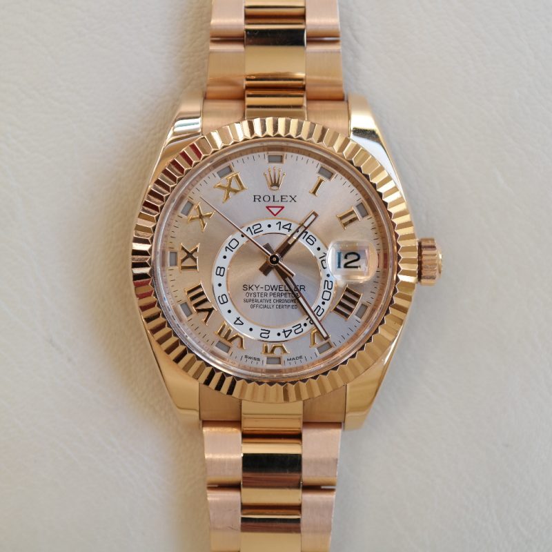 Pre-owned Rolex Sky-Dweller Rose Gold 42mm Roman Numeral Sundust Pink Dial 326935