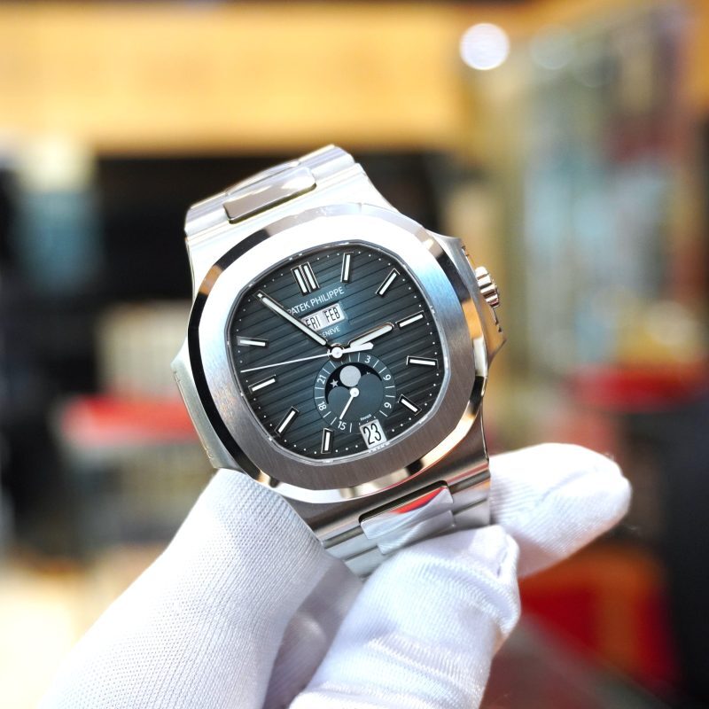 Pre-owned Patek Philippe Nautilus Stainless Steel 40.5mm Annual Calendar Moonphase Blue Dial 5726/1A-014