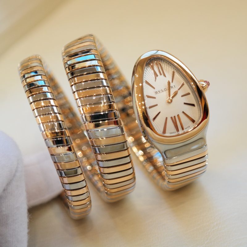Pre-Owned Bvlgari Serpenti  Double Spiral  Steel & Rose Gold 35mm Diamond Bezel Set White Dial 103149