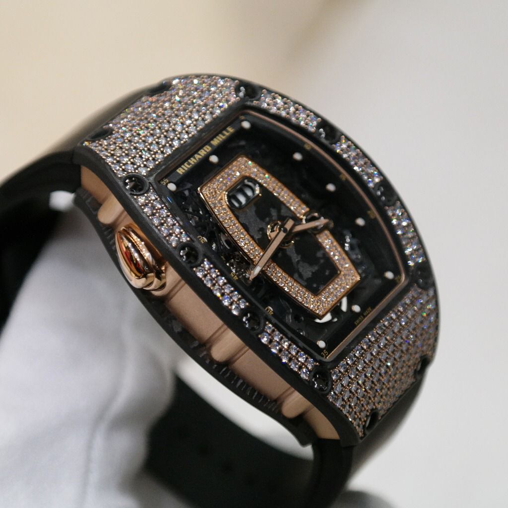 Pre-owned Richard Mille RM 07-01 Rose Gold Carbon TPT Diamond Bezel Black Rubber Strap