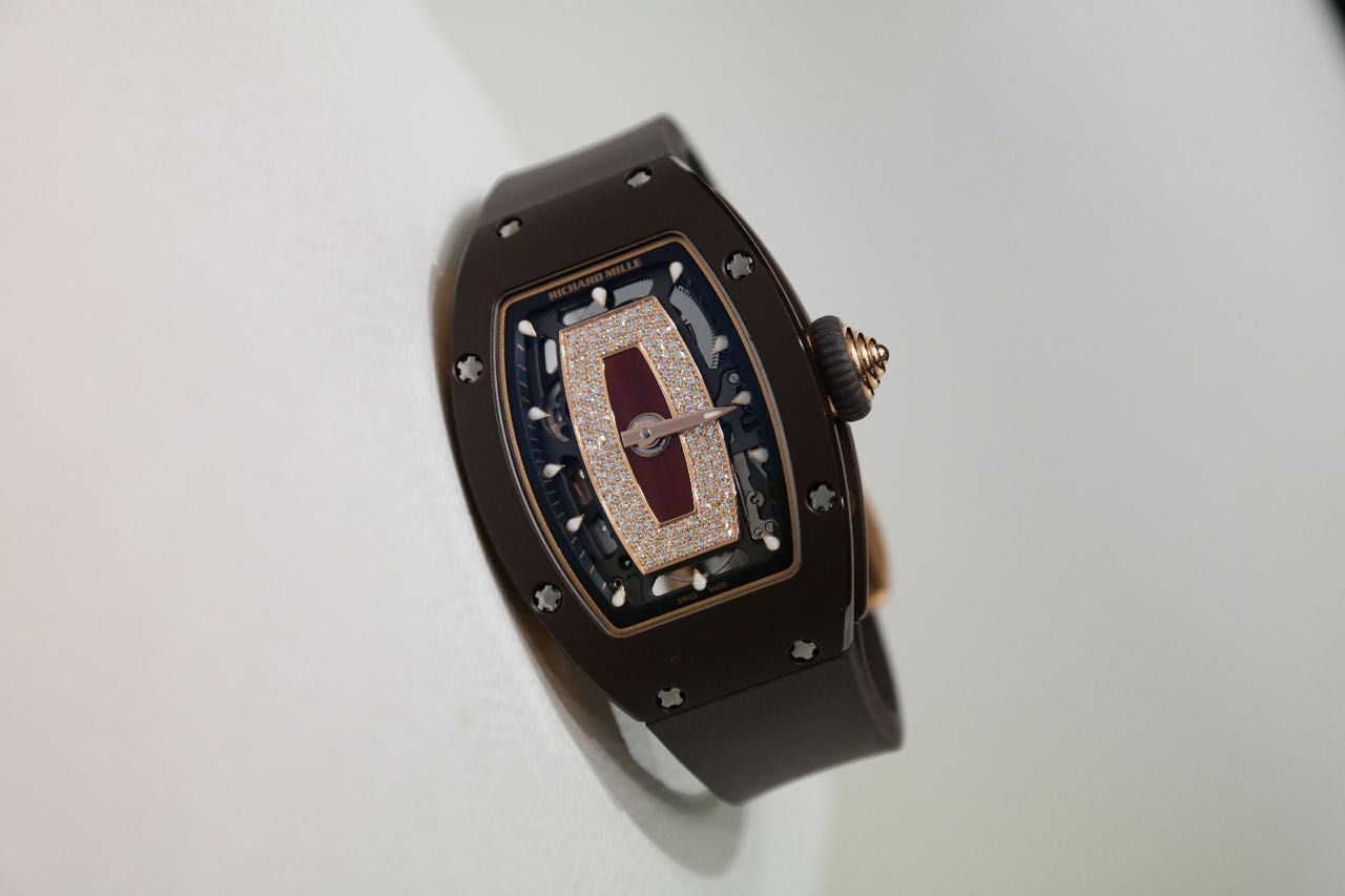Pre-owned Richard Mille RM 07-01 Rose Gold Gem-Set Dial Brown Ceramic Ladies Watch