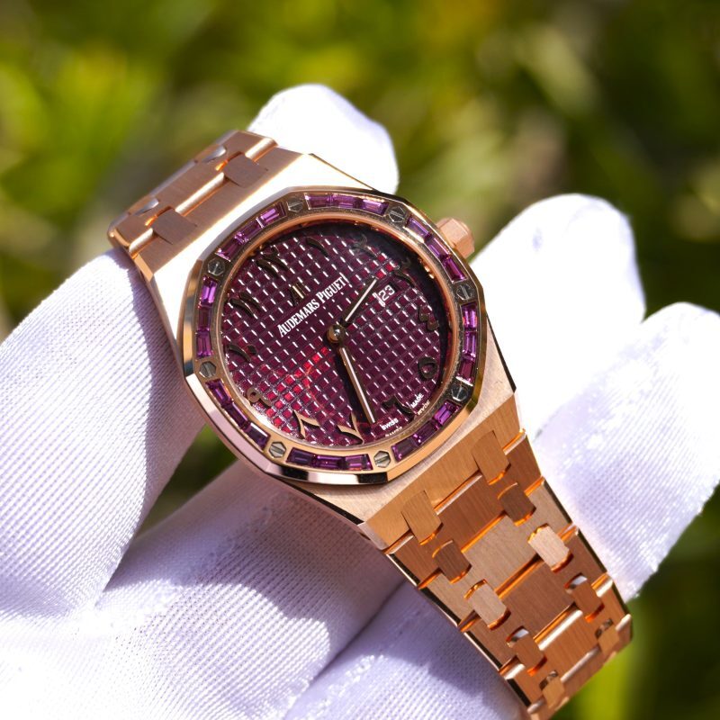 Pre-Owned Audemars Piguet Royal Oak Quartz Special Edition Burgundy Dial Bezel Set 67656OR.GR.1261OR.01
