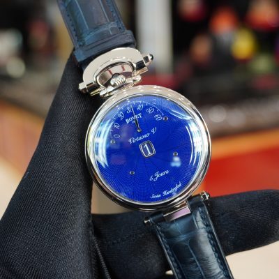 Pre-Owned Bovet Virtuoso V White Gold 43.5mm Blue Guilloche Dial Leather Strap ACHS020-08