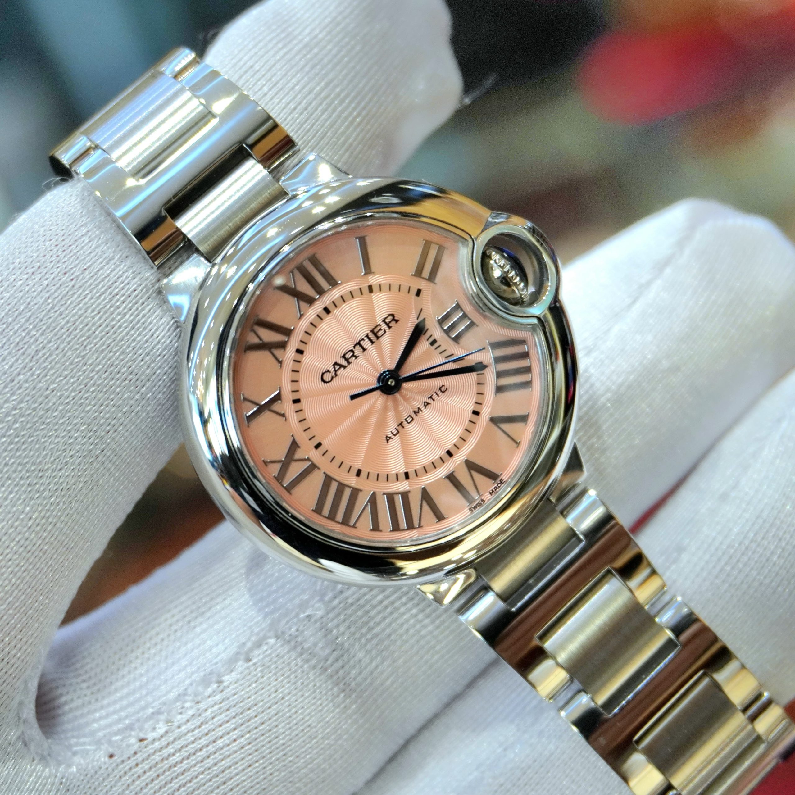 Pre-Owned Cartier Ballon Bleu Steel 33mm Pink Roman Dial Stainless Steel WSBB0068