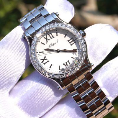 Pre-Owned Chopard Happy Sport White Roman Index Dial 36mm Aftermarket Diamond Bezel 278582-3002