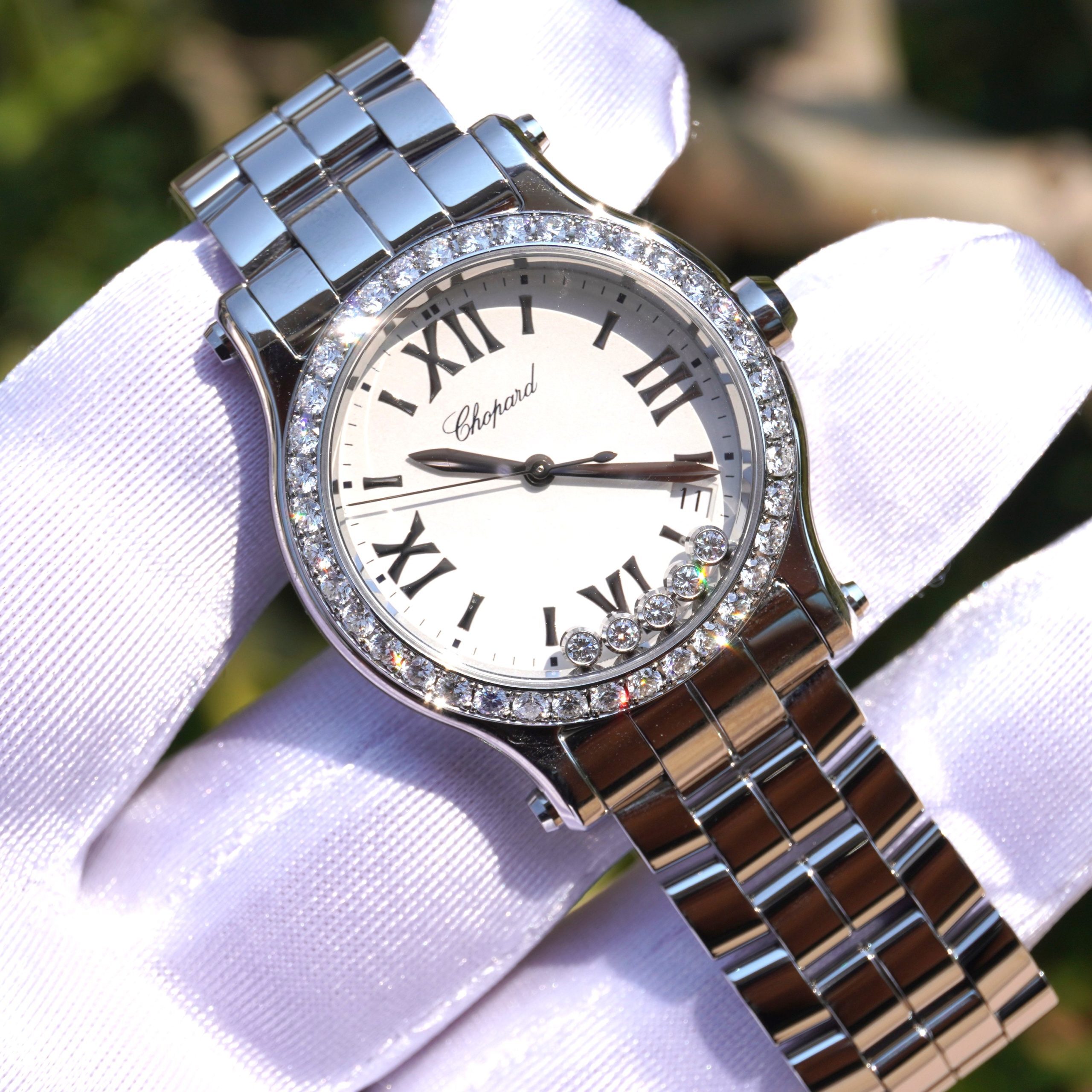 Pre-Owned Chopard Happy Sport White Roman Index Dial 36mm Aftermarket Diamond Bezel 278582-3002