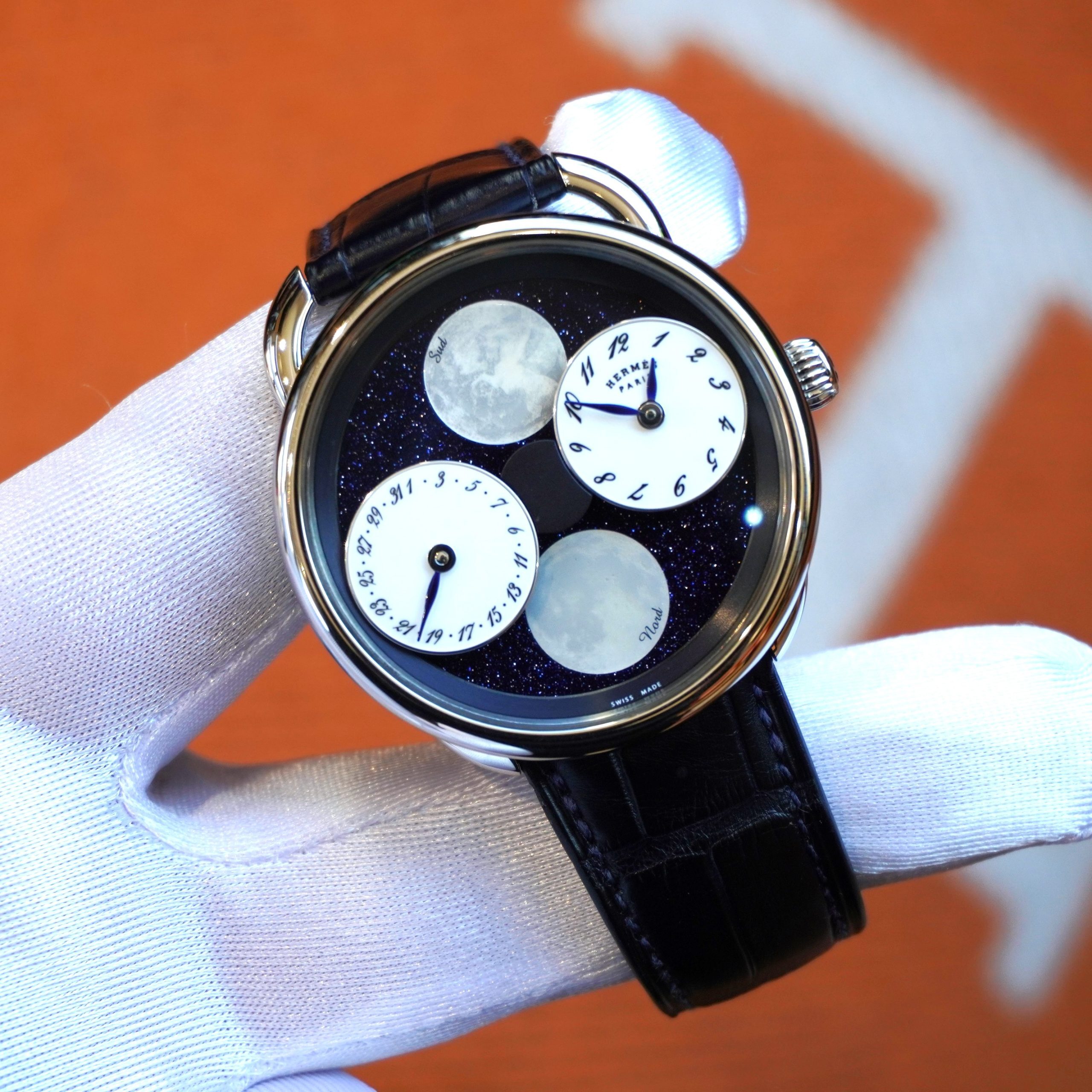 Pre-Owned Hermes Arceau L'heure de la Lune 43mm White Gold MOP Dial Double Moonphase Limited Edition AR1.890a