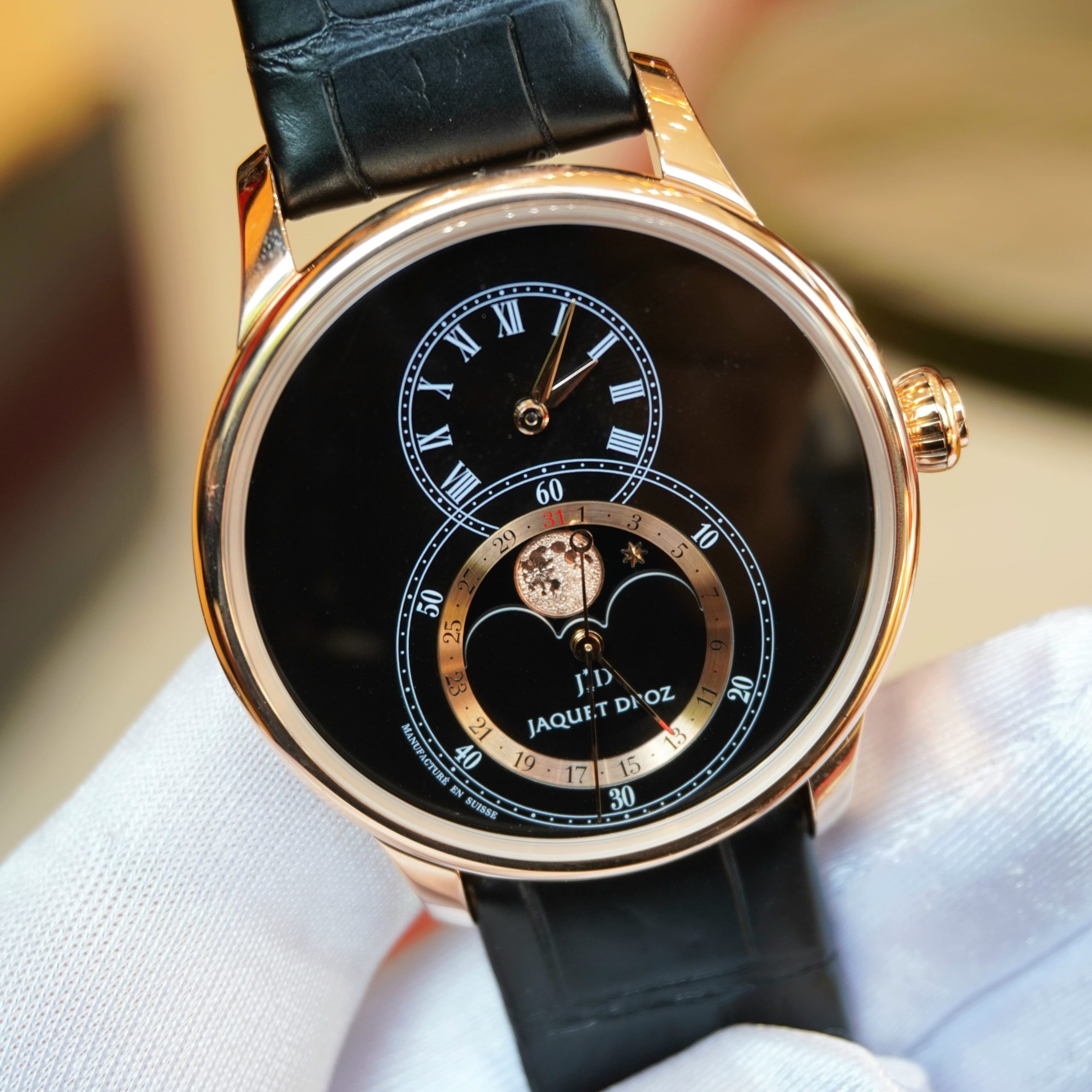 Pre-Owned Jaquet Droz Grande Seconde Moon Rose Gold 43mm Black Enamel Dial Black Strap J007533201
