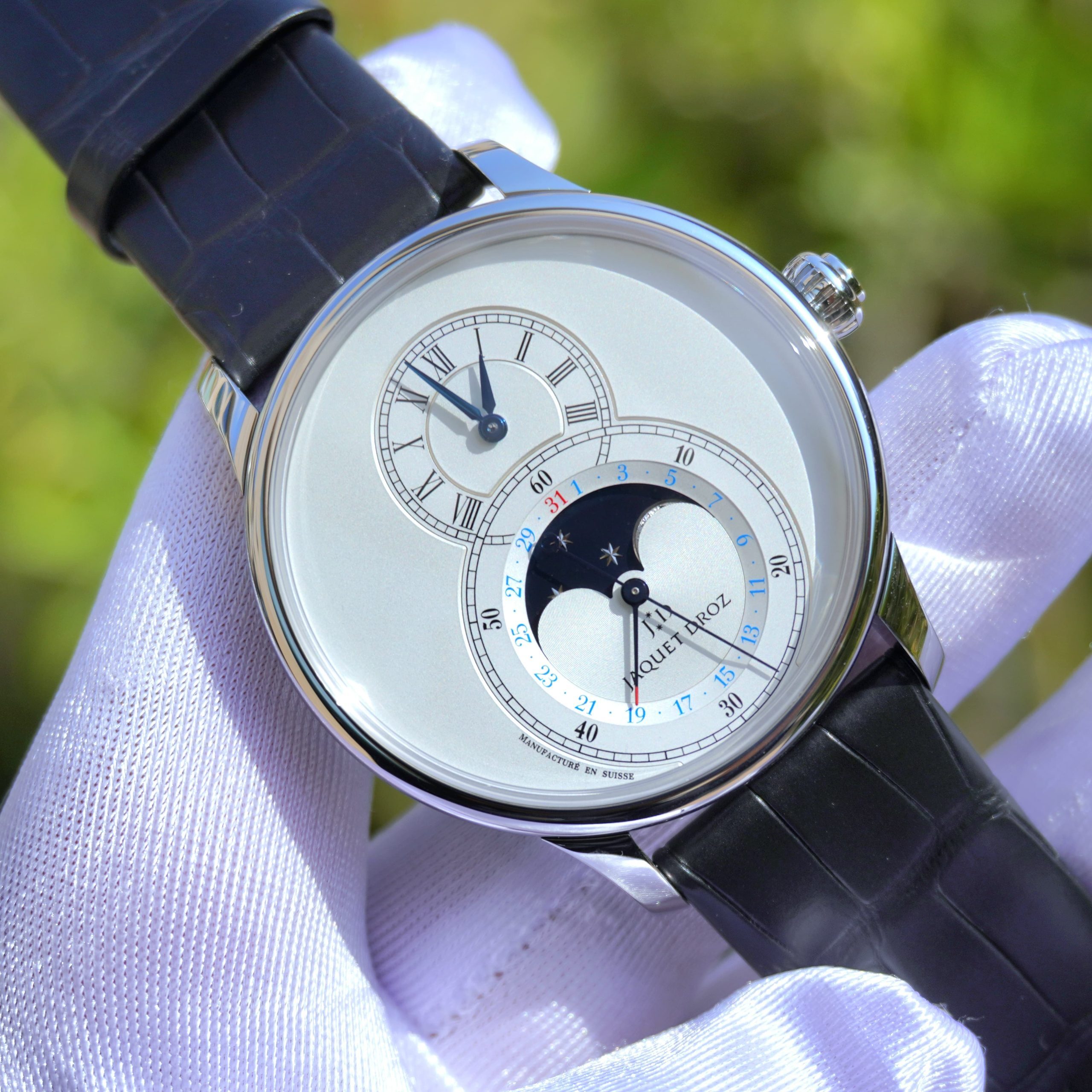 Pre-Owned Jaquet Droz Grande Seconde Moon Steel 43mm Silver Dial Black Strap J007530240
