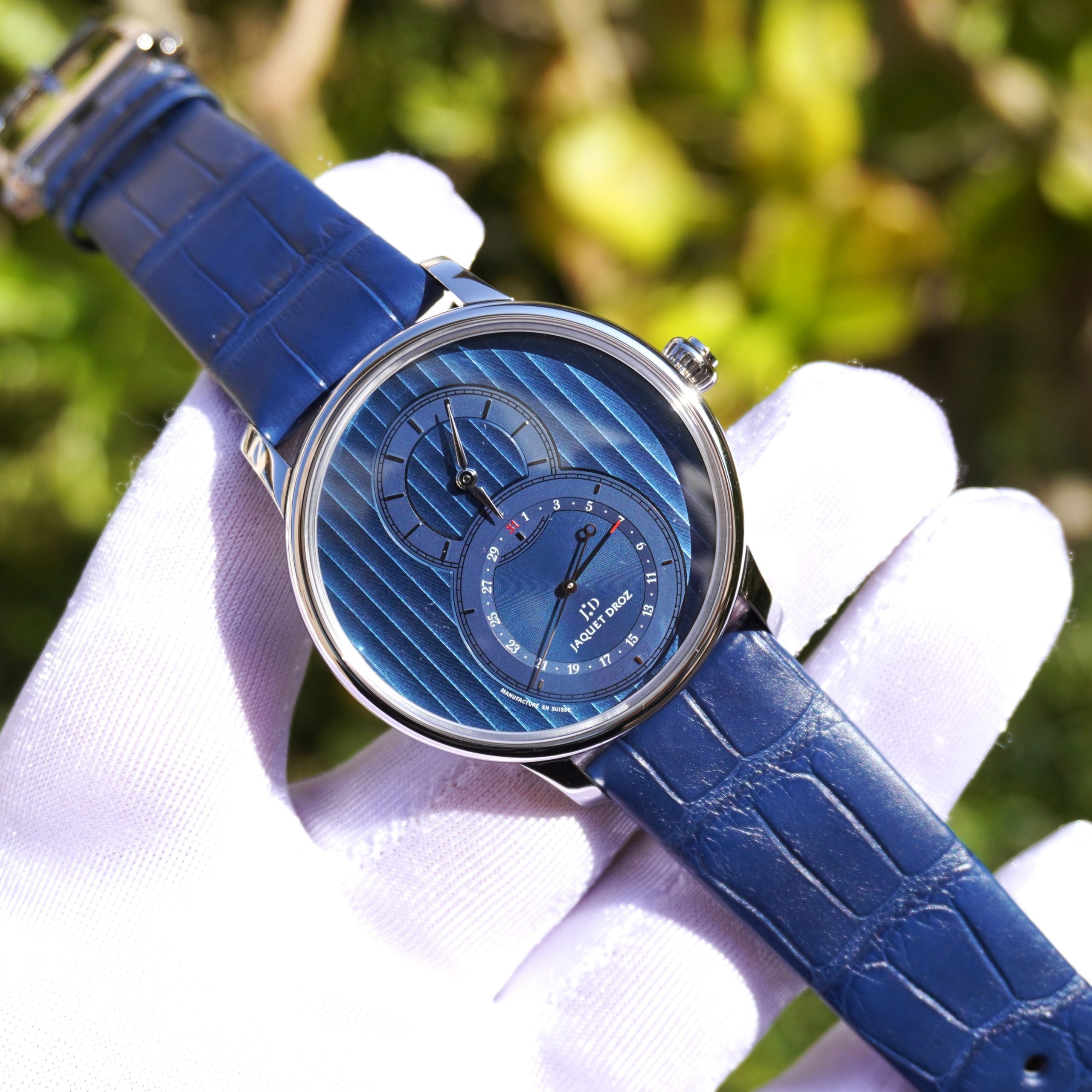 Pre-Owned Jaquet Droz Grande Seconde Moon Steel 43mm Quantieme Cotes de Geneve Blue Dial J007030245