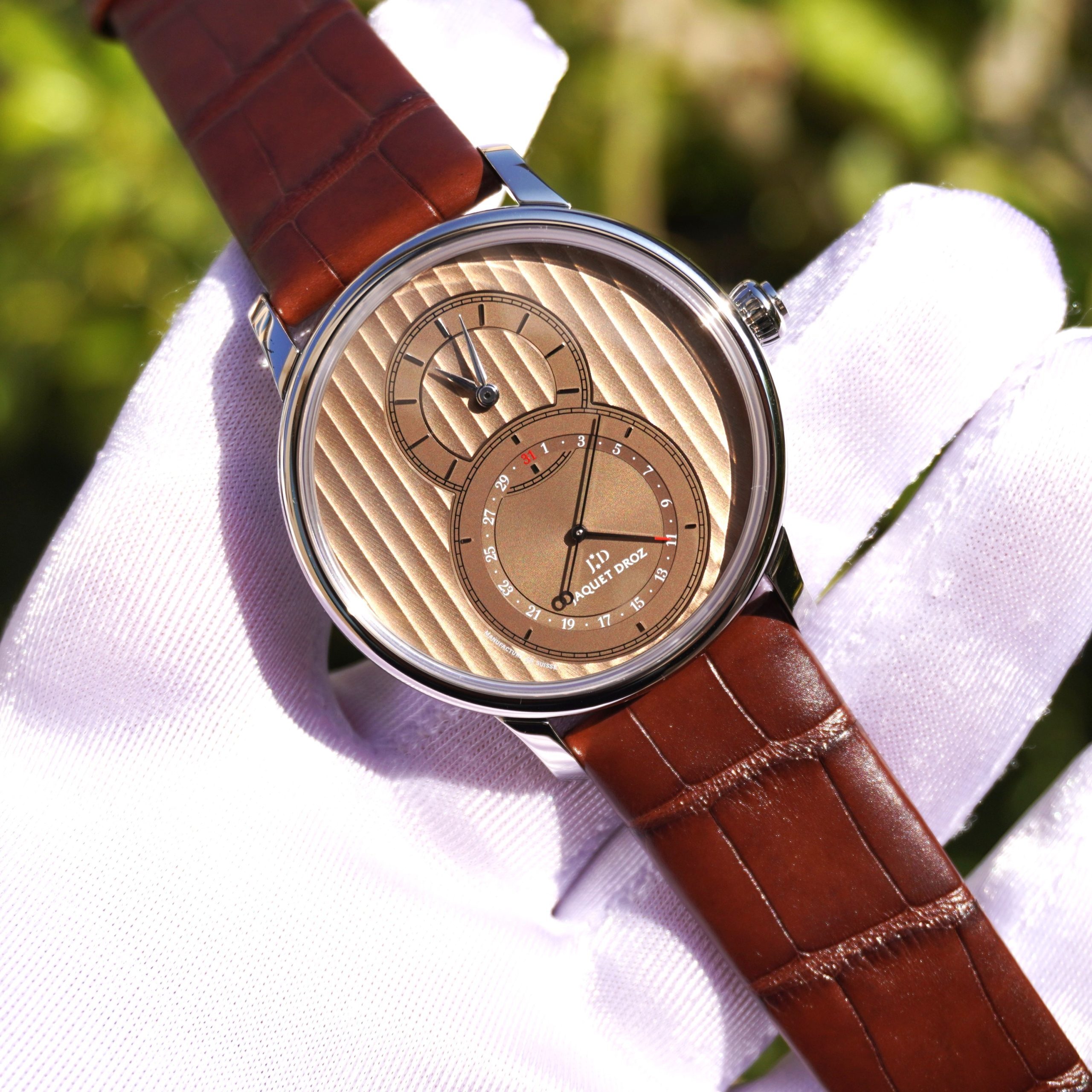 Pre-Owned Jaquet Droz Grande Seconde Moon Steel 43mm Quantime Quants de Geneve Brown Dial J007030246