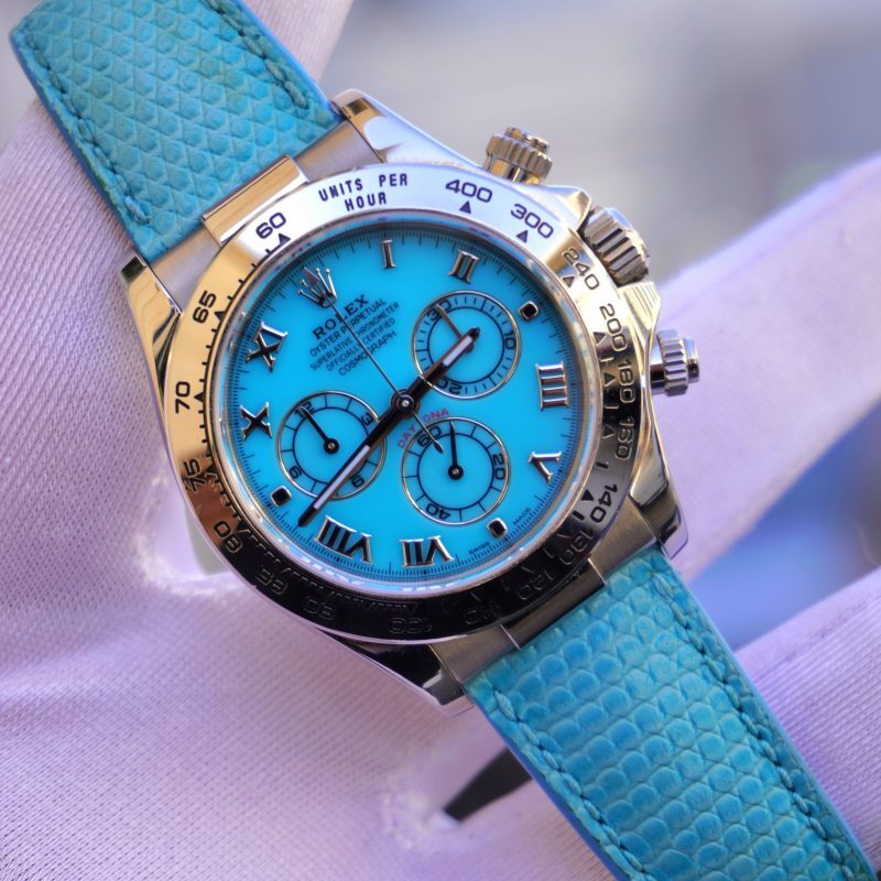 Pre-Owned Rolex Cosmograph Daytona "Beach" Turquoise Dial White Gold Blue Lizard Strap 116519