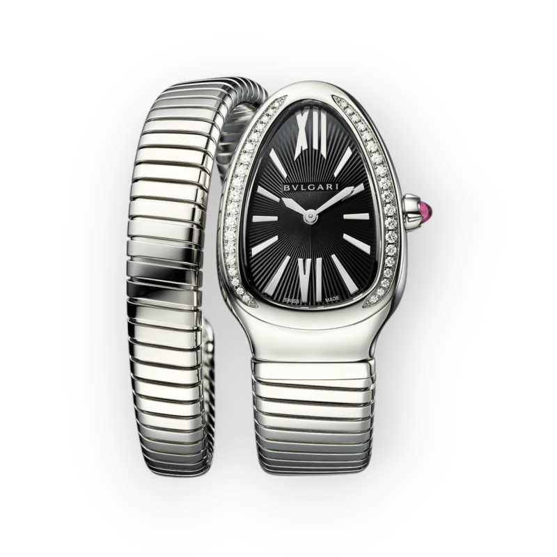 Pre-Owned Bvlgari Serpenti Tubogas Stainless Steel 35mm Black Dial Diamond Bezel 103524