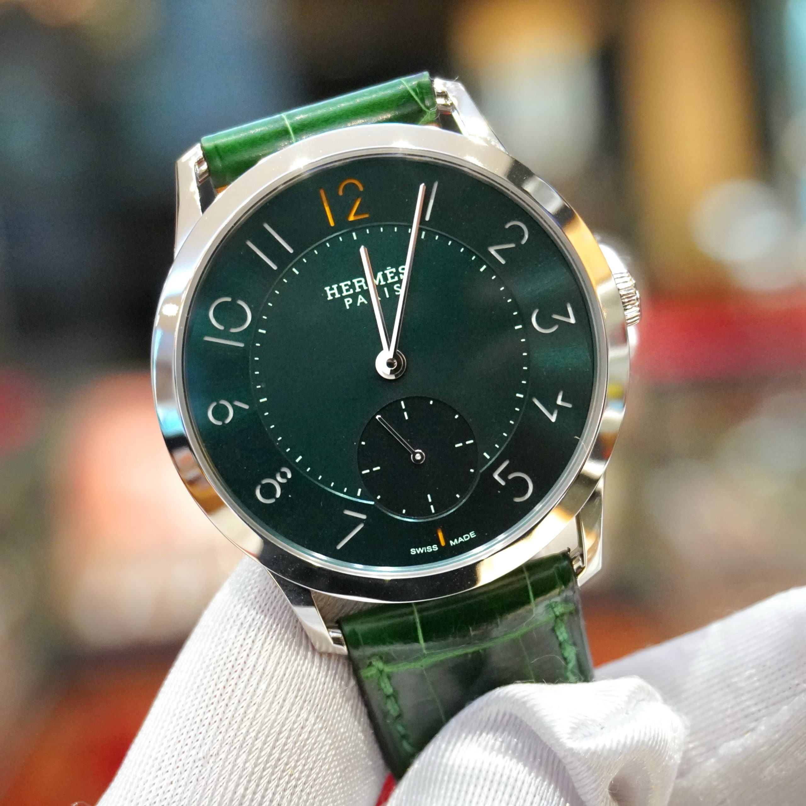 Pre-Owned Hermes Slim d'Hermes Automatic 39.5mm Stainless Steel Green Dial Green Croco Strap CA2.810C