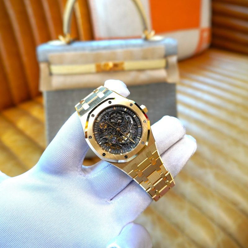Pre-owned Audemars Piguet Royal Oak Openworked 41mm Yellow Gold Black Toned Dial 15407BA.OO.1220BA.01