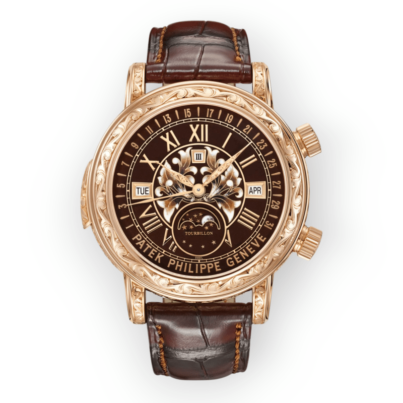 Pre-Owned Patek Philippe Grand Complications Sky Moon Tourbillion Rose Gold 44mm Brown leather Strap 6002R