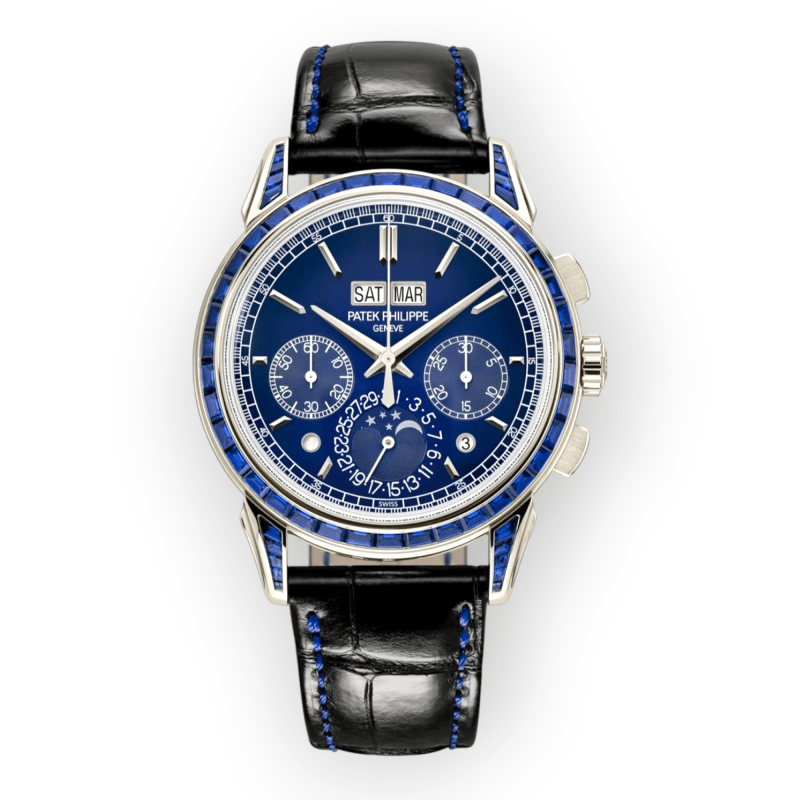 Pre-Owned Patek Philippe Grand Complications Manual Winding 41mm Perpetual Calendar Chronograph Blue Dial Baguette Cut Sapphire Platinum 5271/11P