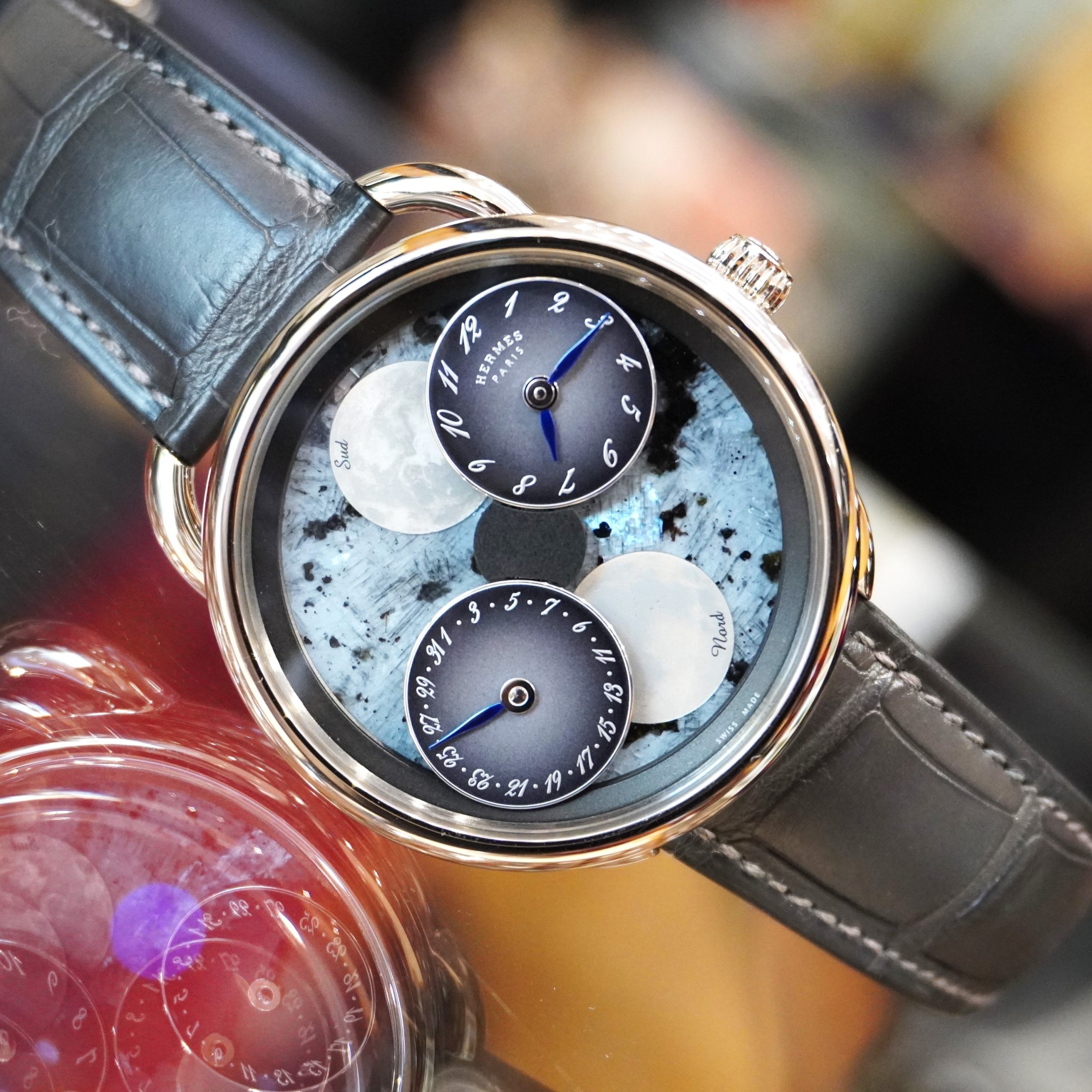 Pre-Owned Hermes Arceau L'heure de la Lune 43mm White Gold Blue MOP Dial Dual Moonphase Limited Edition AR1.890F